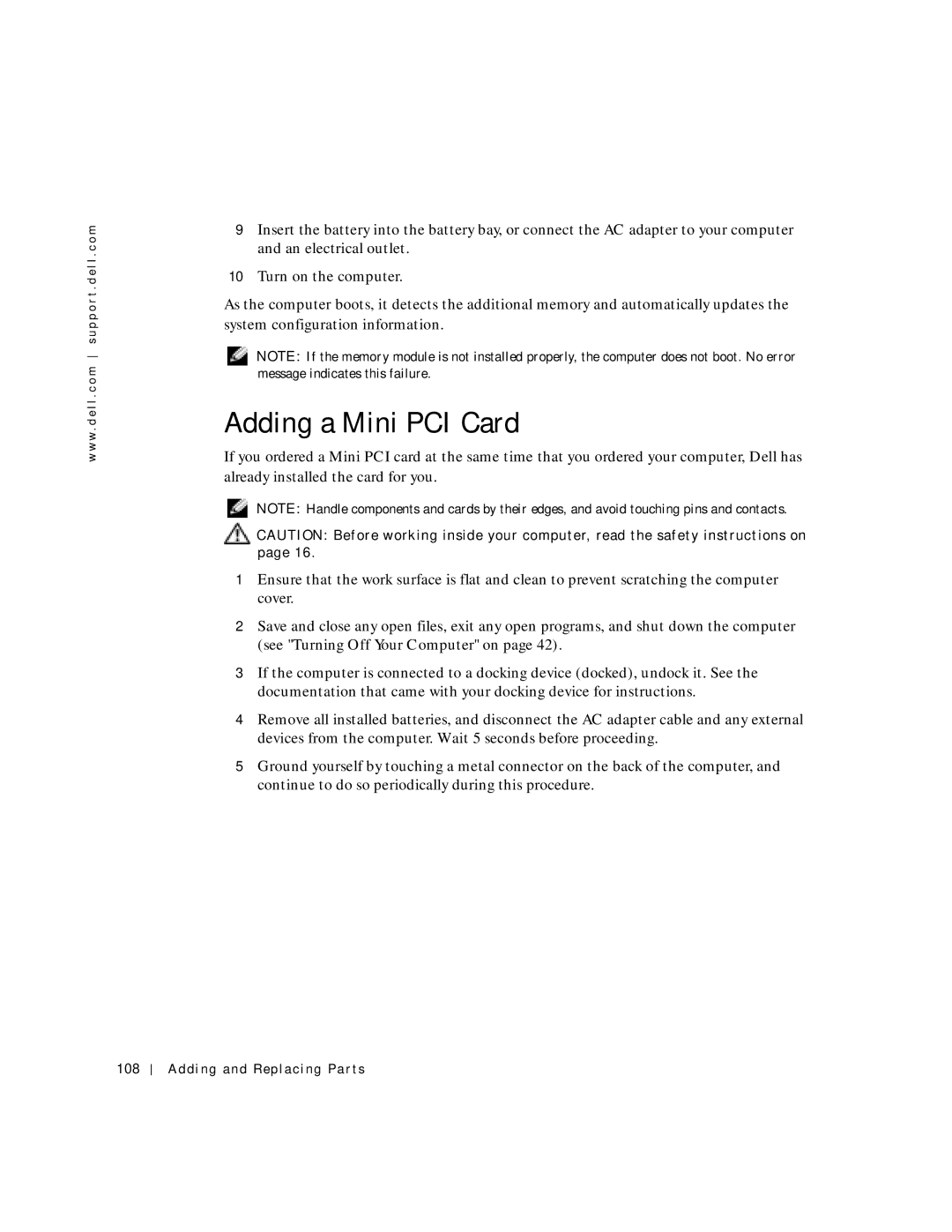 Dell 500m manual Adding a Mini PCI Card, Adding and Replacing Parts 