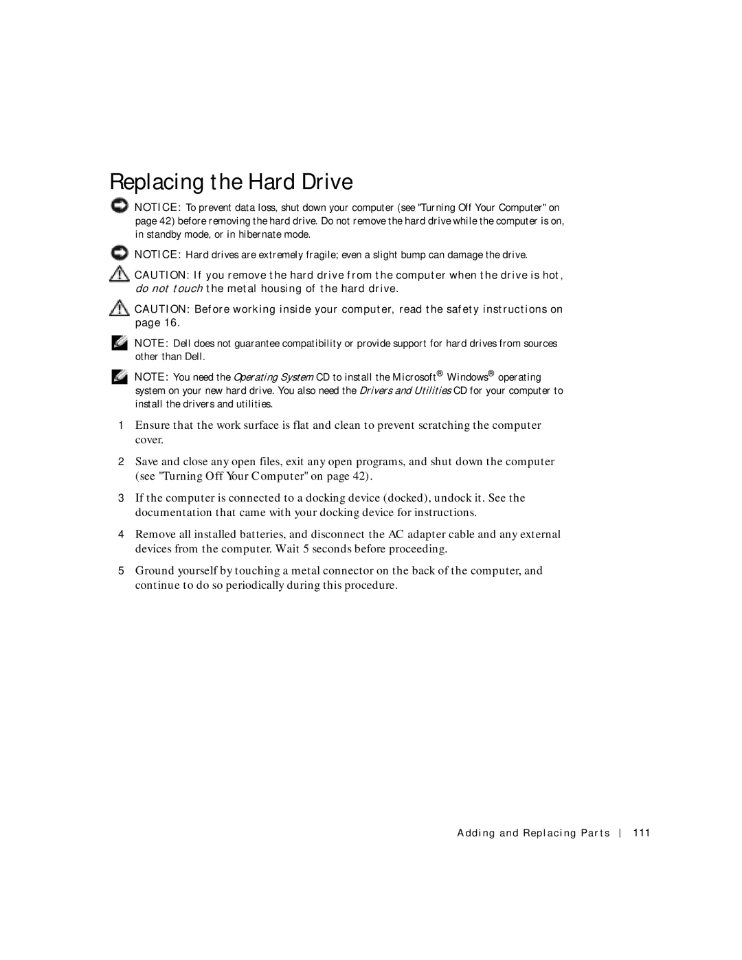 Dell 500m manual Replacing the Hard Drive, Adding and Replacing Parts 111 