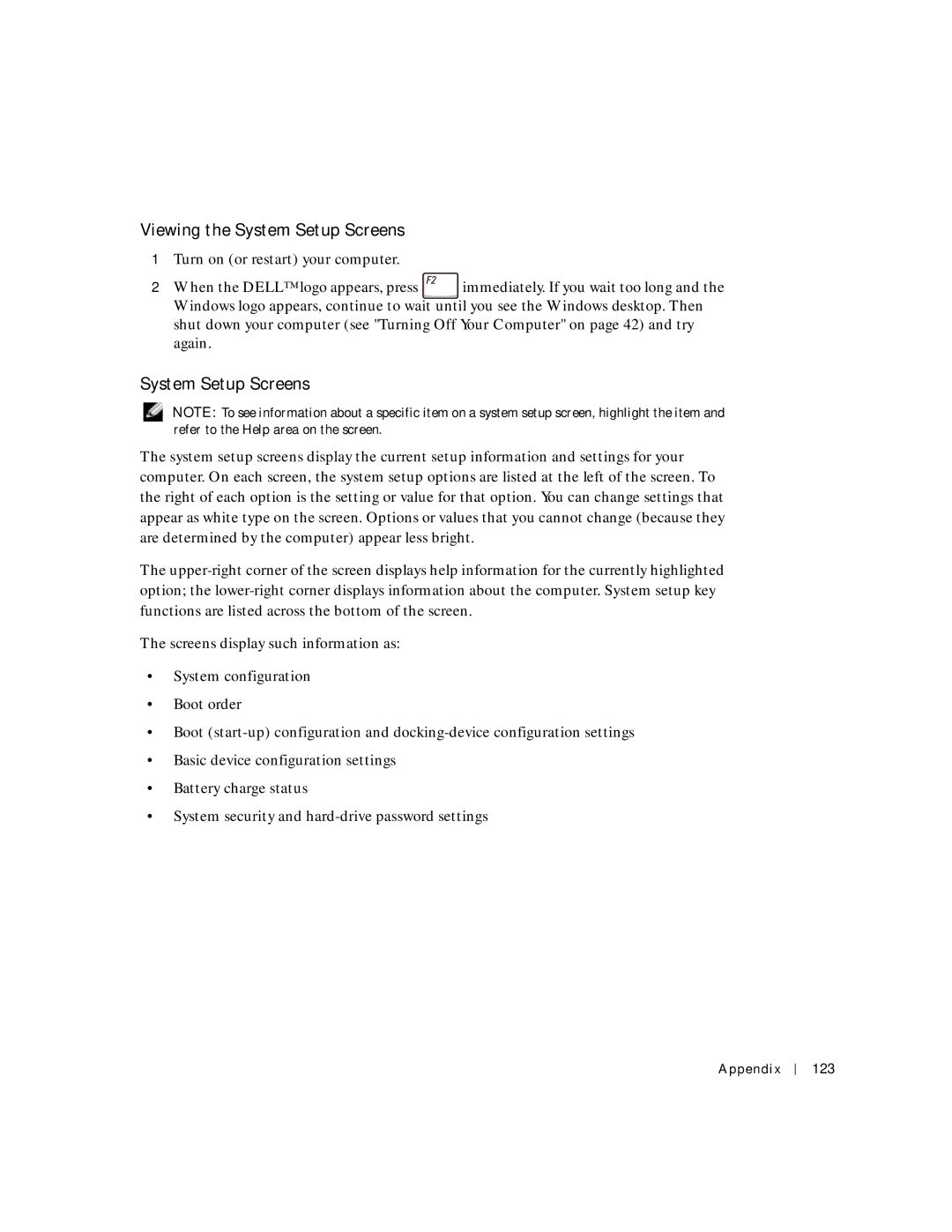 Dell 500m manual Viewing the System Setup Screens, Ppendix 123 