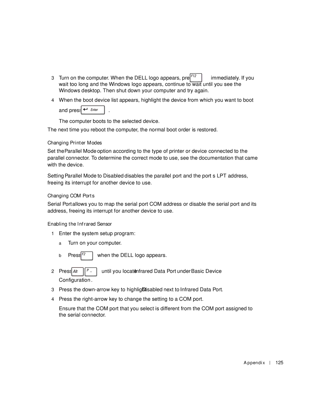 Dell 500m manual Changing Printer Modes, Changing COM Ports, Enabling the Infrared Sensor, Ppendix 125 