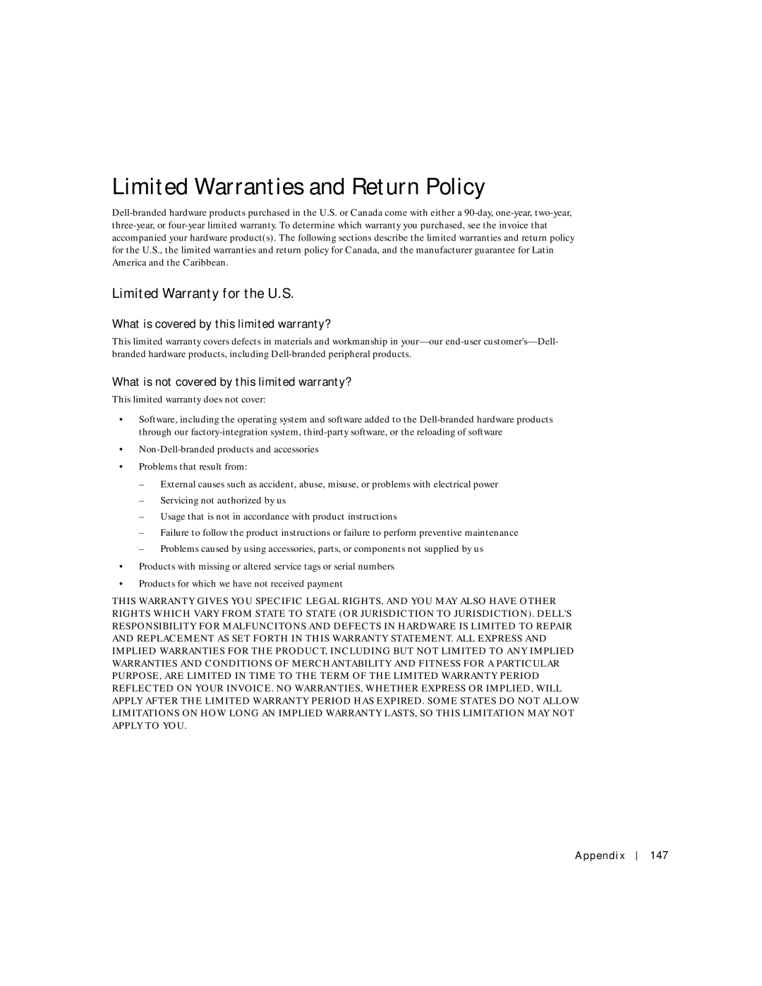 Dell 500m Limited Warranties and Return Policy, Limited Warranty for the U.S, What is covered by this limited warranty? 