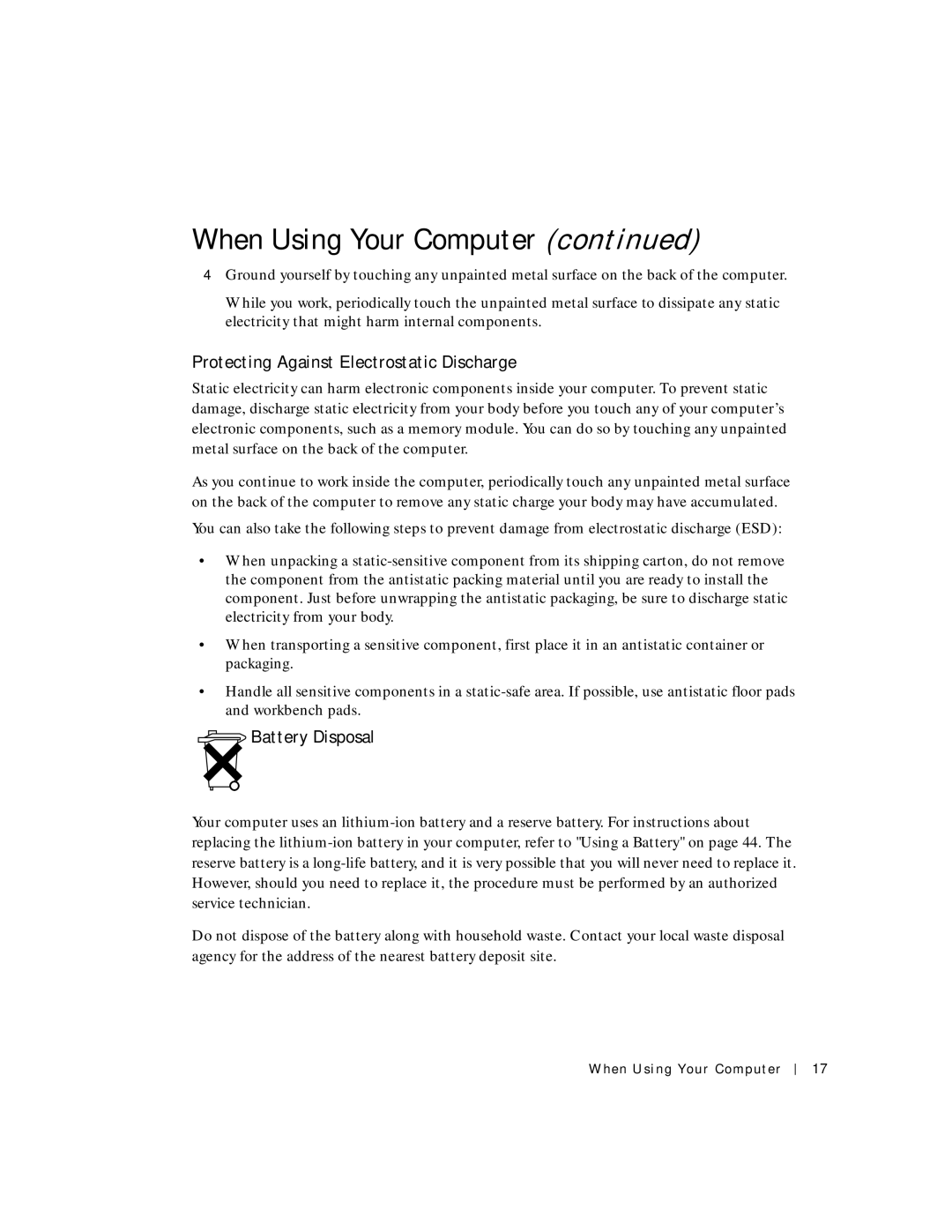 Dell 500m manual Protecting Against Electrostatic Discharge, Battery Disposal 