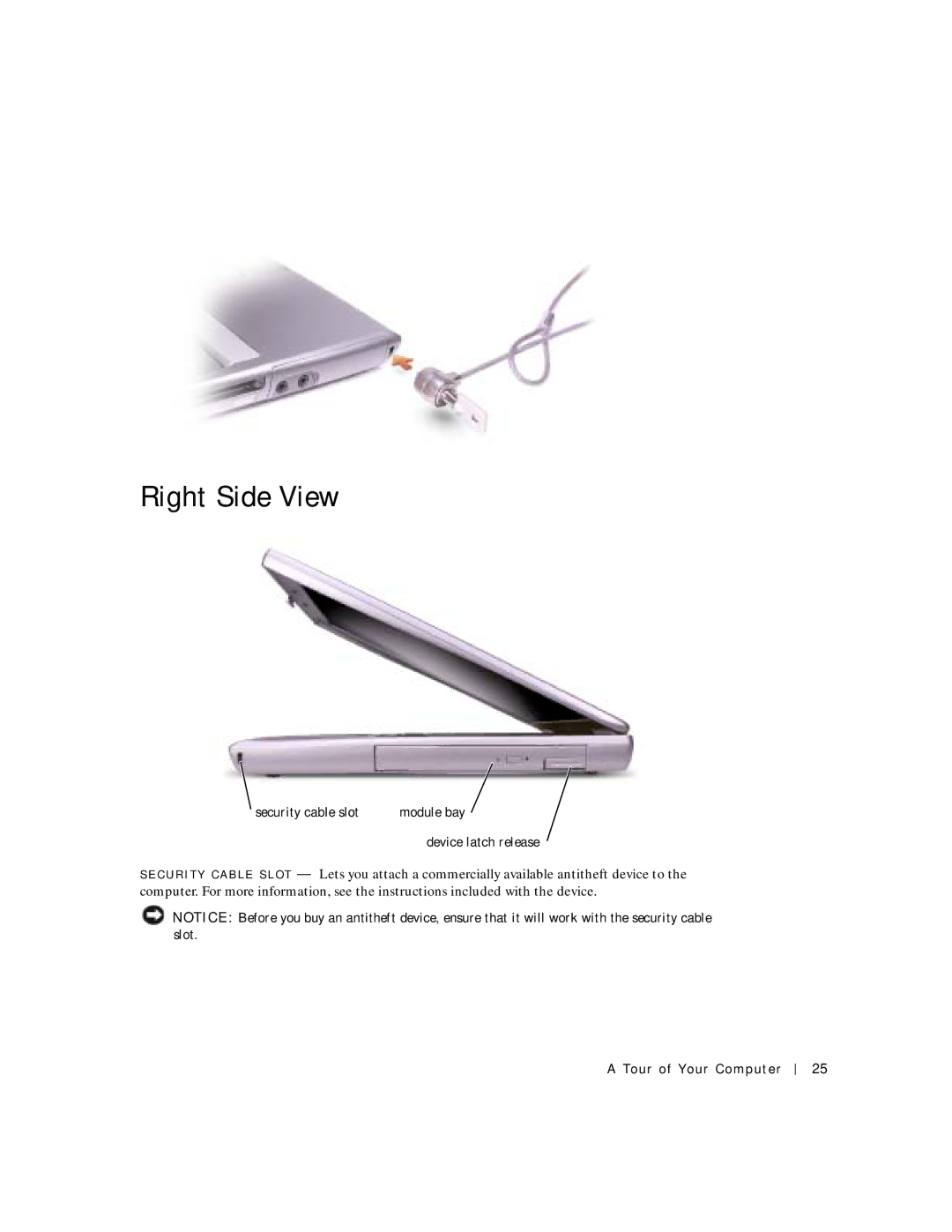 Dell 500m manual Right Side View, Device latch release 