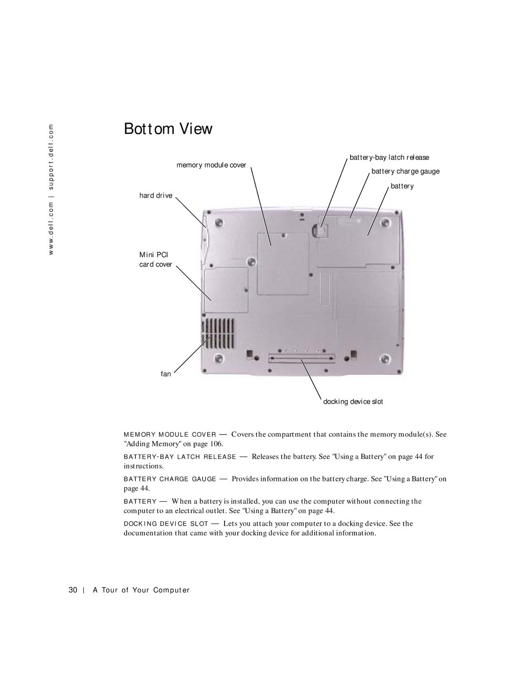 Dell 500m manual Bottom View, Fan Battery charge gauge battery Docking device slot 