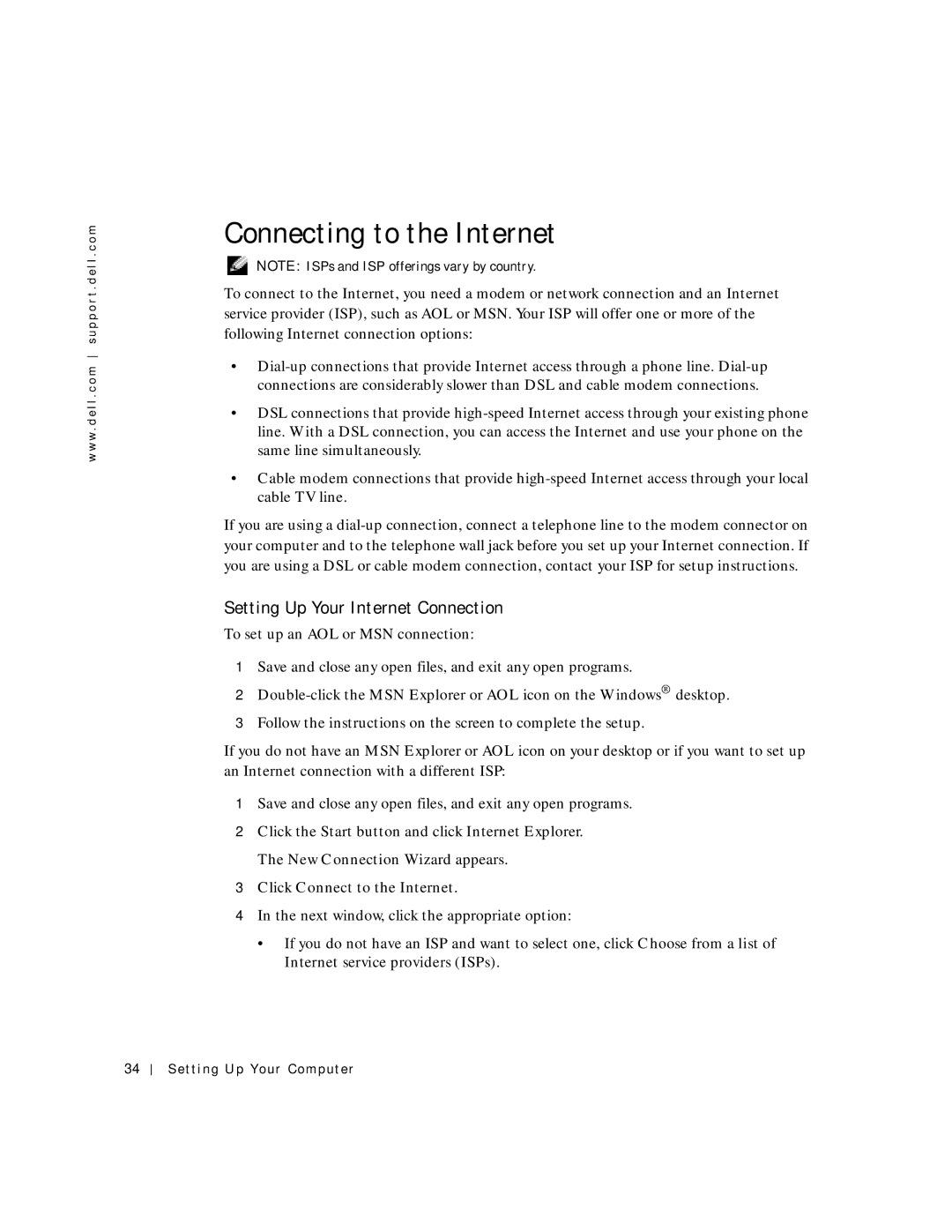 Dell 500m manual Connecting to the Internet, Setting Up Your Internet Connection, Setting Up Your Computer 