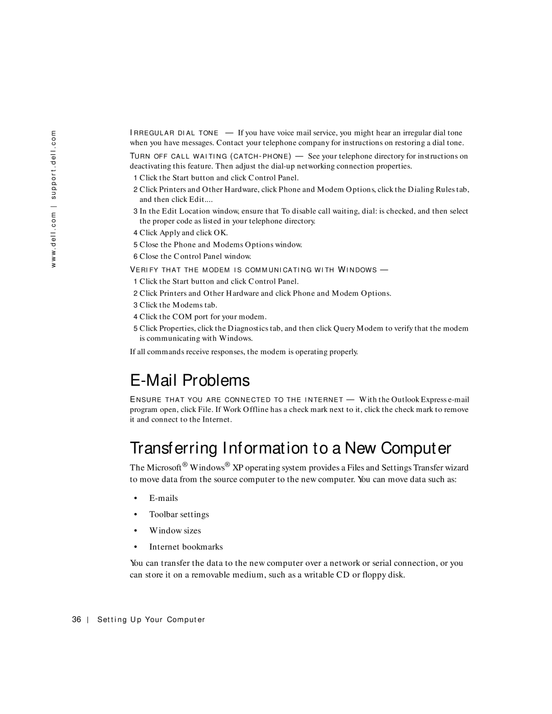 Dell 500m manual Mail Problems, Transferring Information to a New Computer, Close the Phone and Modems Options window 