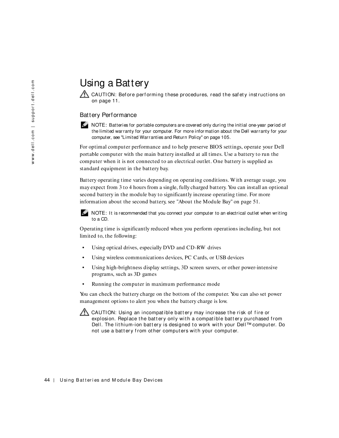 Dell 500m manual Using a Battery, Battery Performance, Using Batteries and Module Bay Devices 