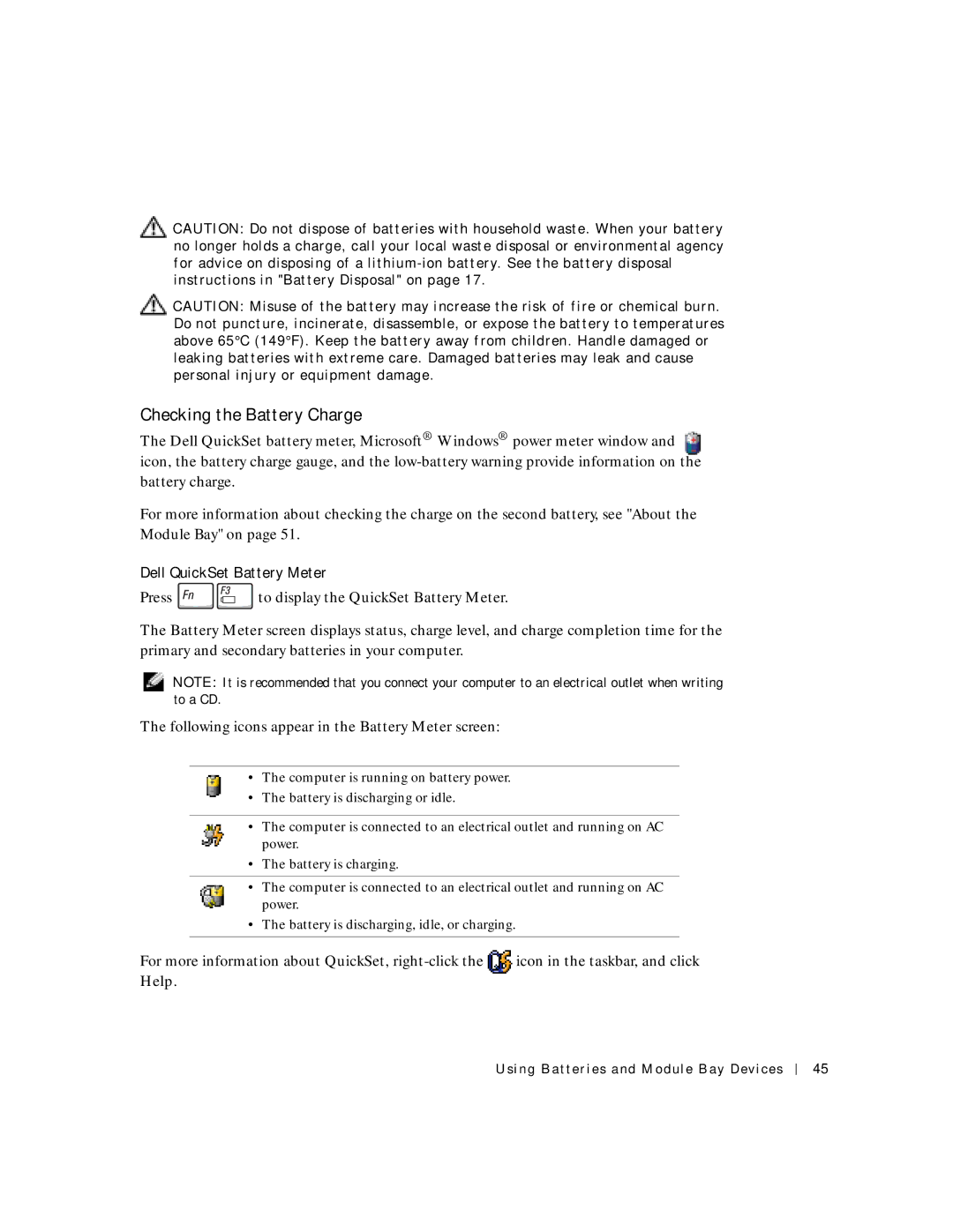 Dell 500m manual Checking the Battery Charge, Dell QuickSet Battery Meter 