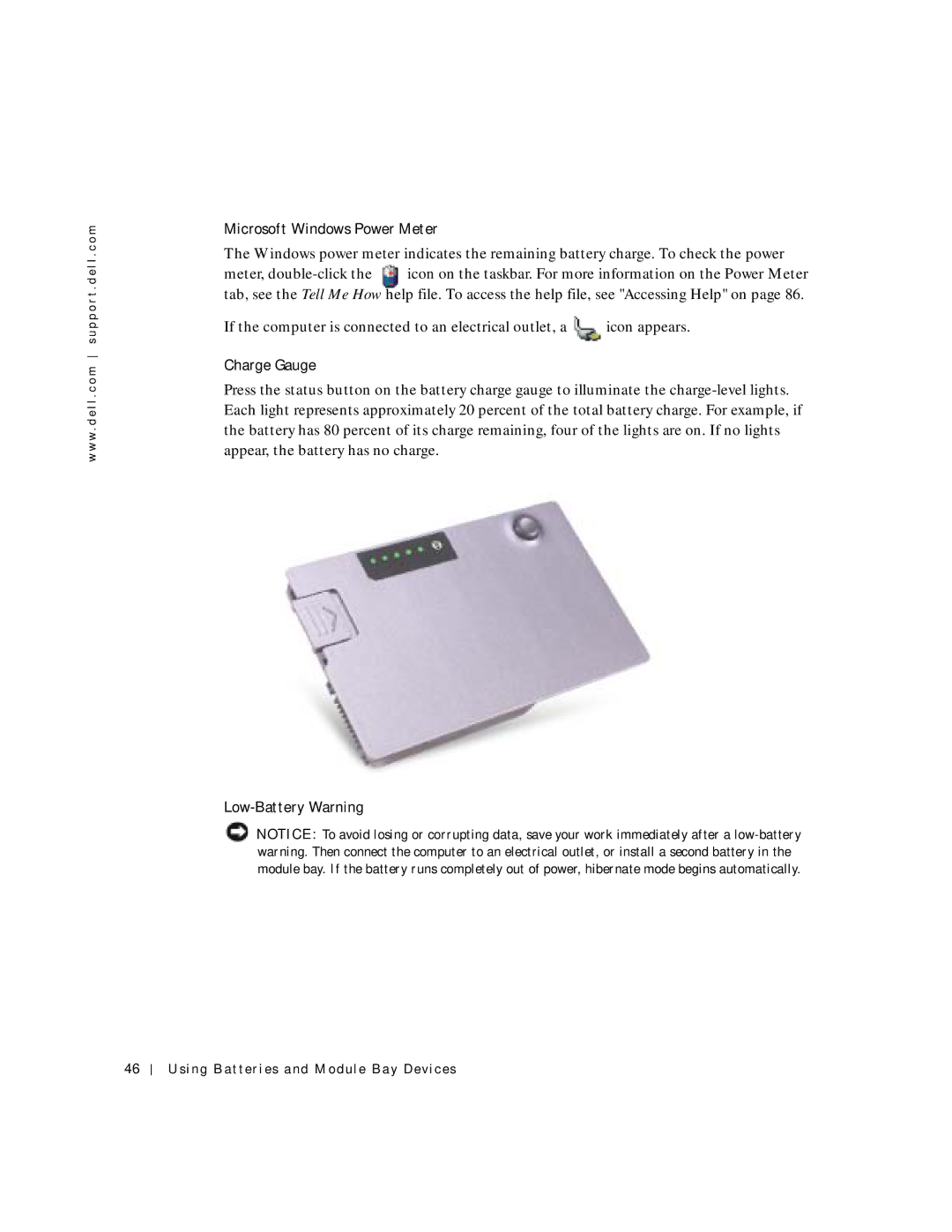 Dell 500m manual Microsoft Windows Power Meter, Charge Gauge, Low-Battery Warning Using Batteries and Module Bay Devices 