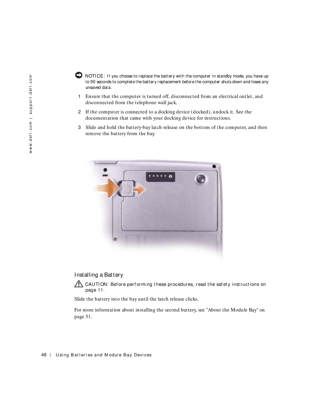 Dell 500m manual Installing a Battery 