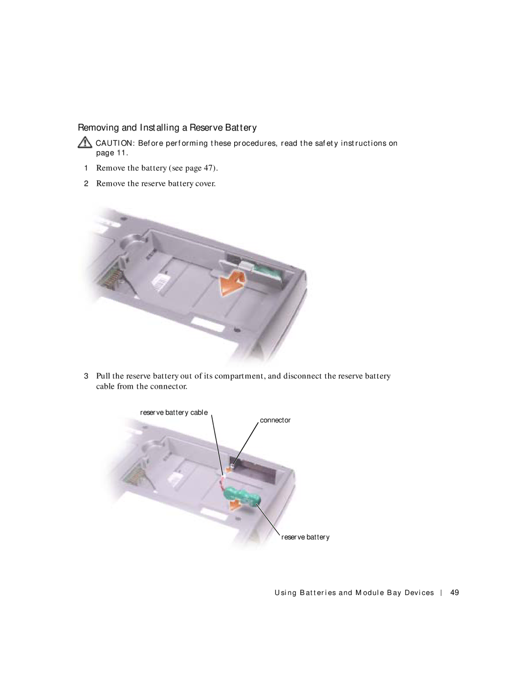 Dell 500m manual Removing and Installing a Reserve Battery 