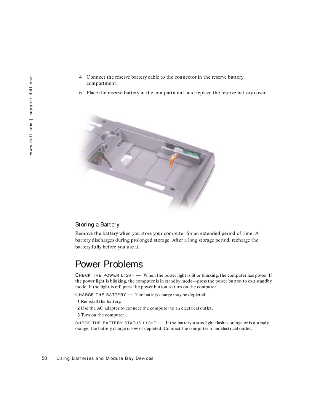 Dell 500m manual Power Problems, Storing a Battery 