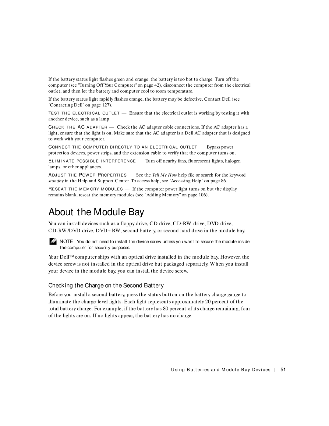 Dell 500m manual About the Module Bay, Checking the Charge on the Second Battery 