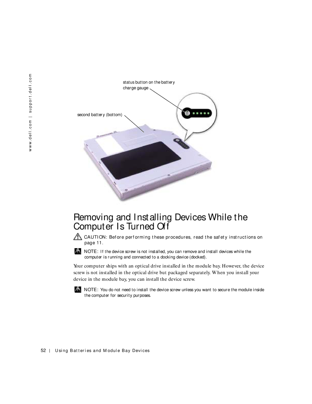 Dell 500m manual Using Batteries and Module Bay Devices 