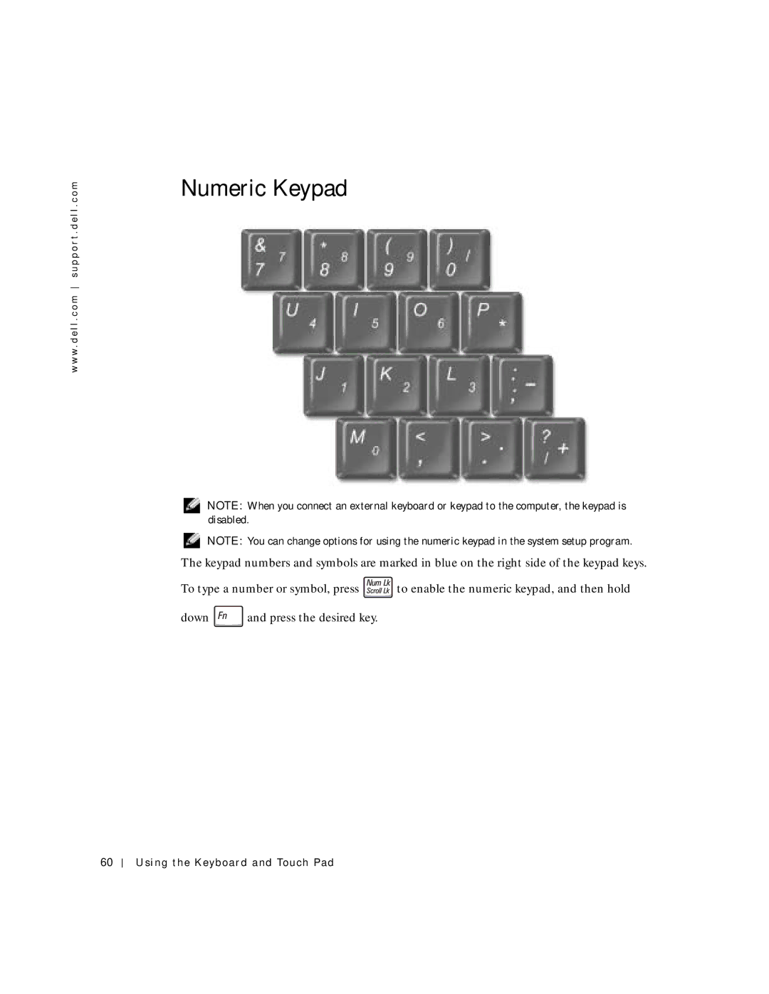 Dell 500m manual Numeric Keypad, Using the Keyboard and Touch Pad 
