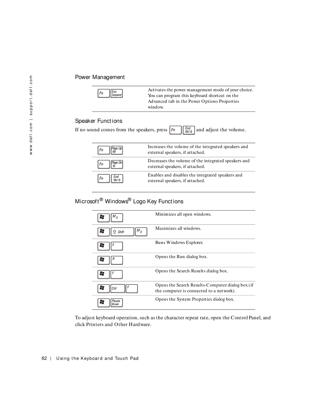 Dell 500m manual Power Management, Speaker Functions, Microsoft Windows Logo Key Functions 