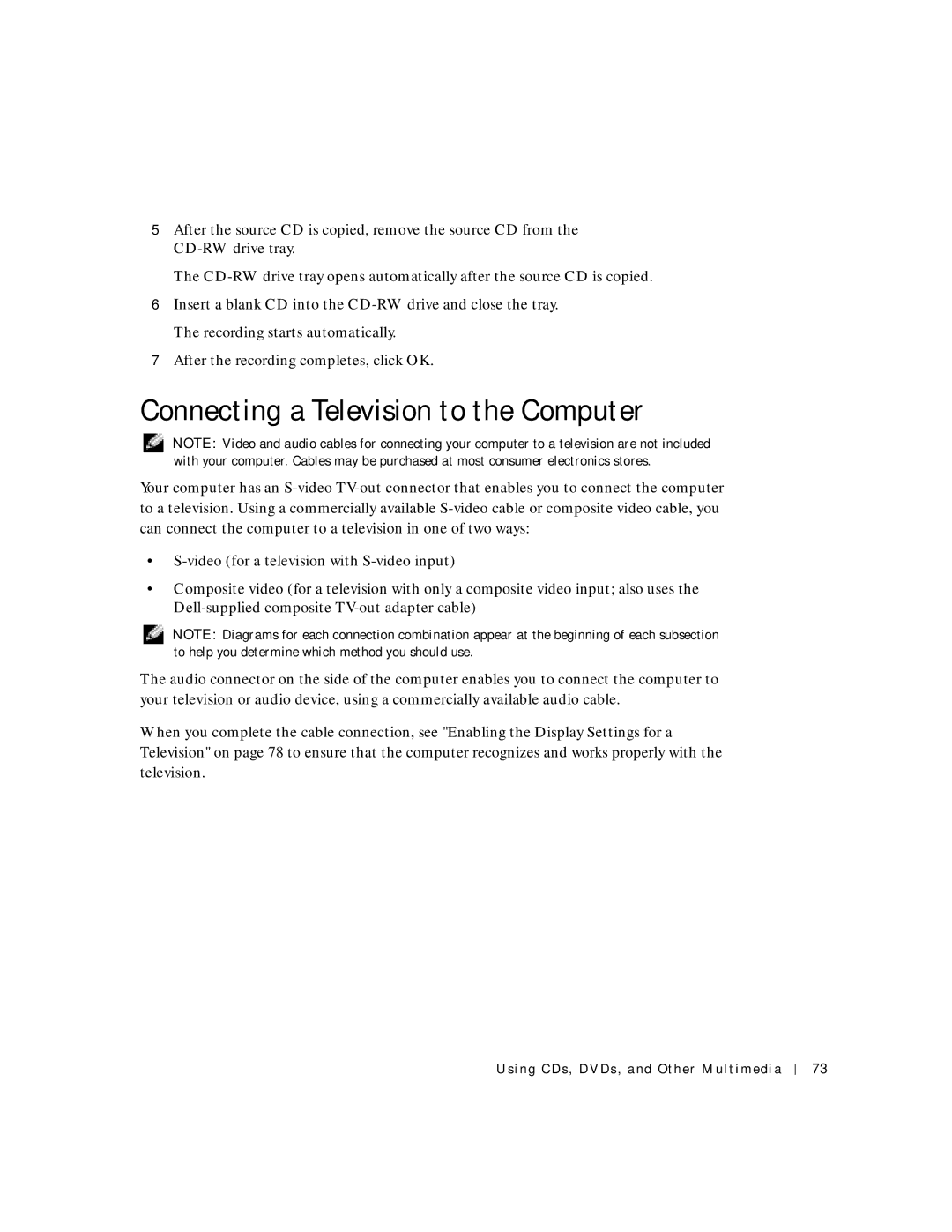 Dell 500m manual Connecting a Television to the Computer 