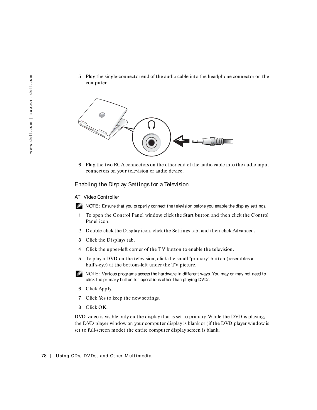 Dell 500m manual Enabling the Display Settings for a Television, ATI Video Controller 