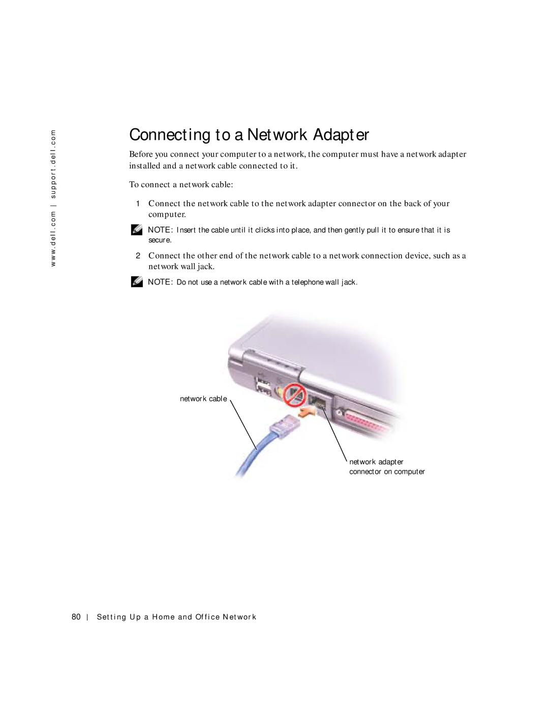 Dell 500m manual Connecting to a Network Adapter, Setting Up a Home and Office Network 