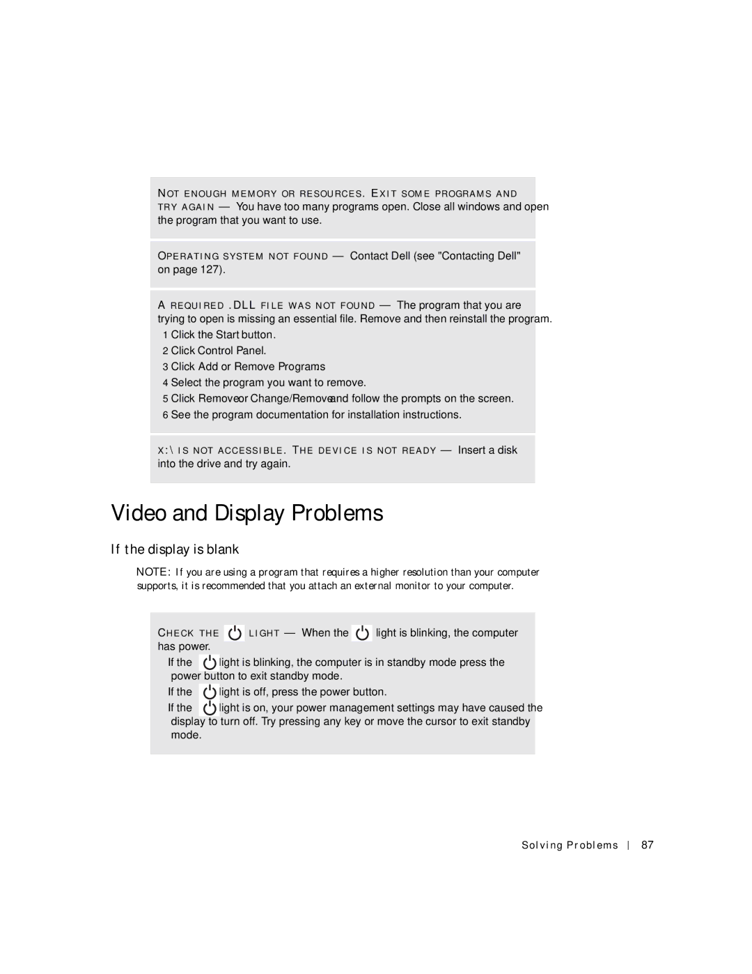 Dell 500m manual Video and Display Problems, If the display is blank, Click Control Panel Click Add or Remove Programs 