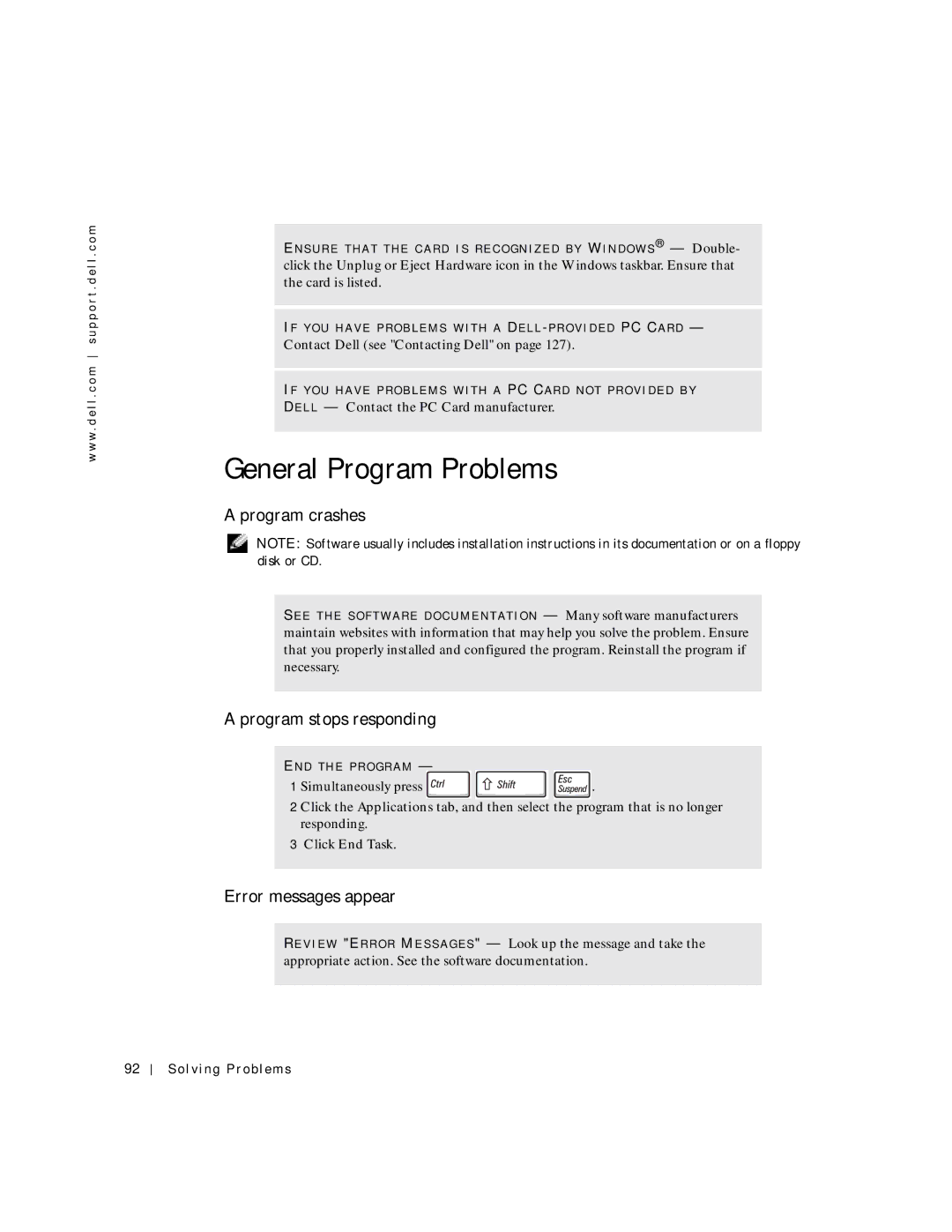 Dell 500m manual General Program Problems, Program crashes, Program stops responding, Error messages appear, Click End Task 