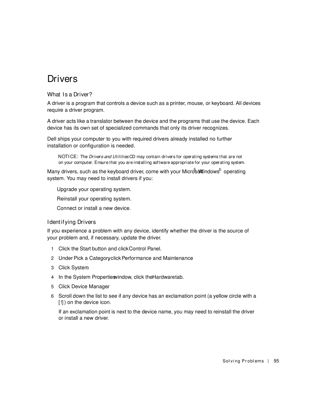 Dell 500m manual What Is a Driver?, Identifying Drivers 