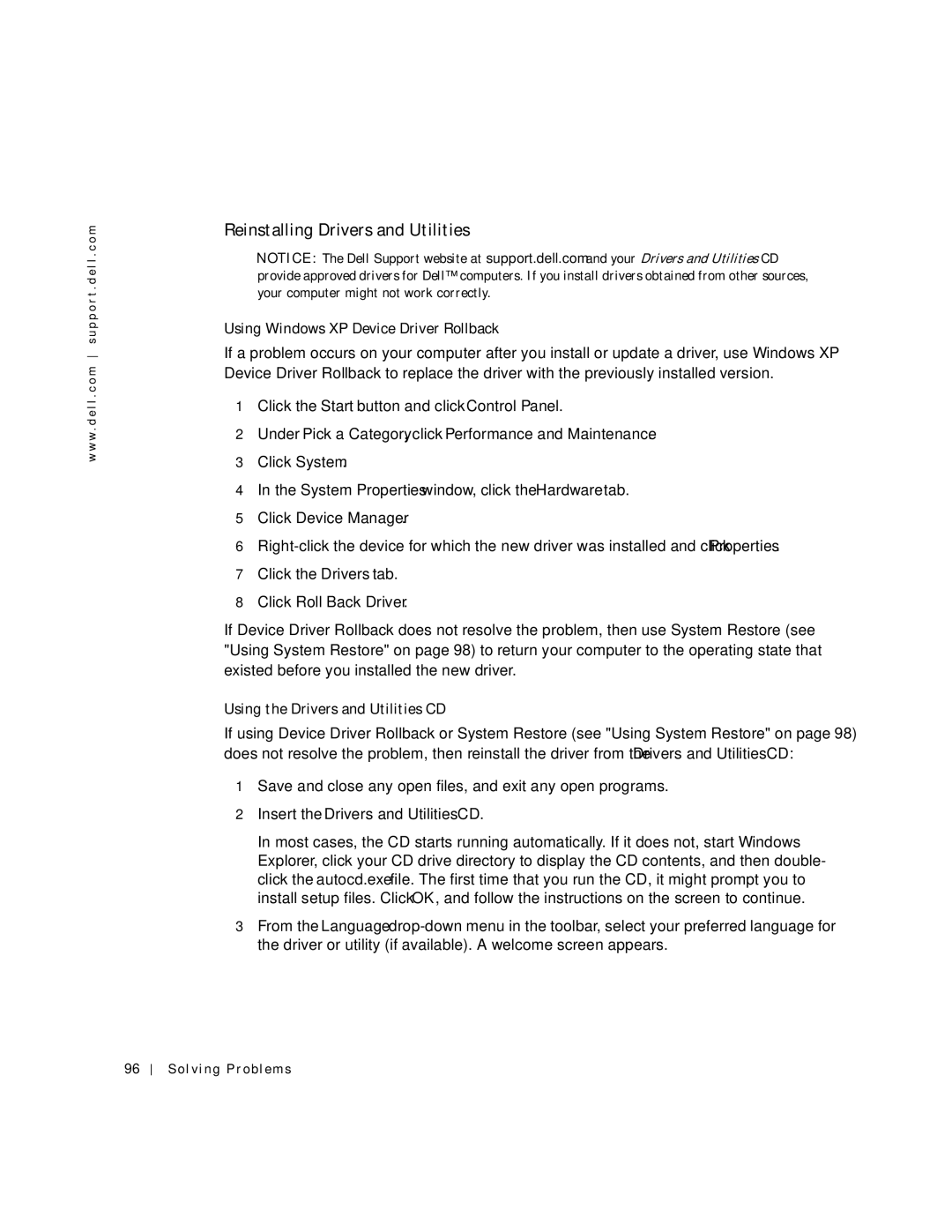 Dell 500m Reinstalling Drivers and Utilities, Using Windows XP Device Driver Rollback, Using the Drivers and Utilities CD 