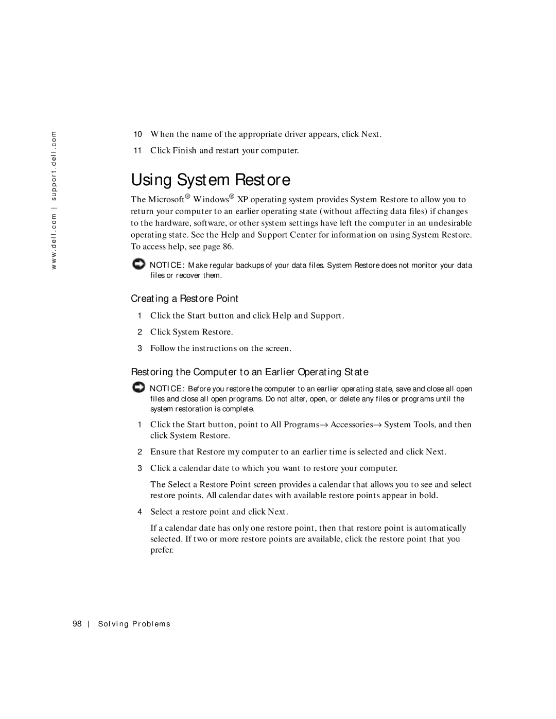 Dell 500m manual Using System Restore, Creating a Restore Point, Restoring the Computer to an Earlier Operating State 