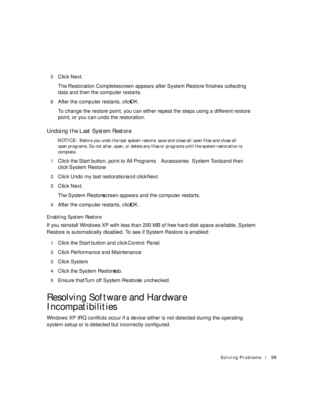 Dell 500m Resolving Software and Hardware Incompatibilities, Undoing the Last System Restore, Enabling System Restore 