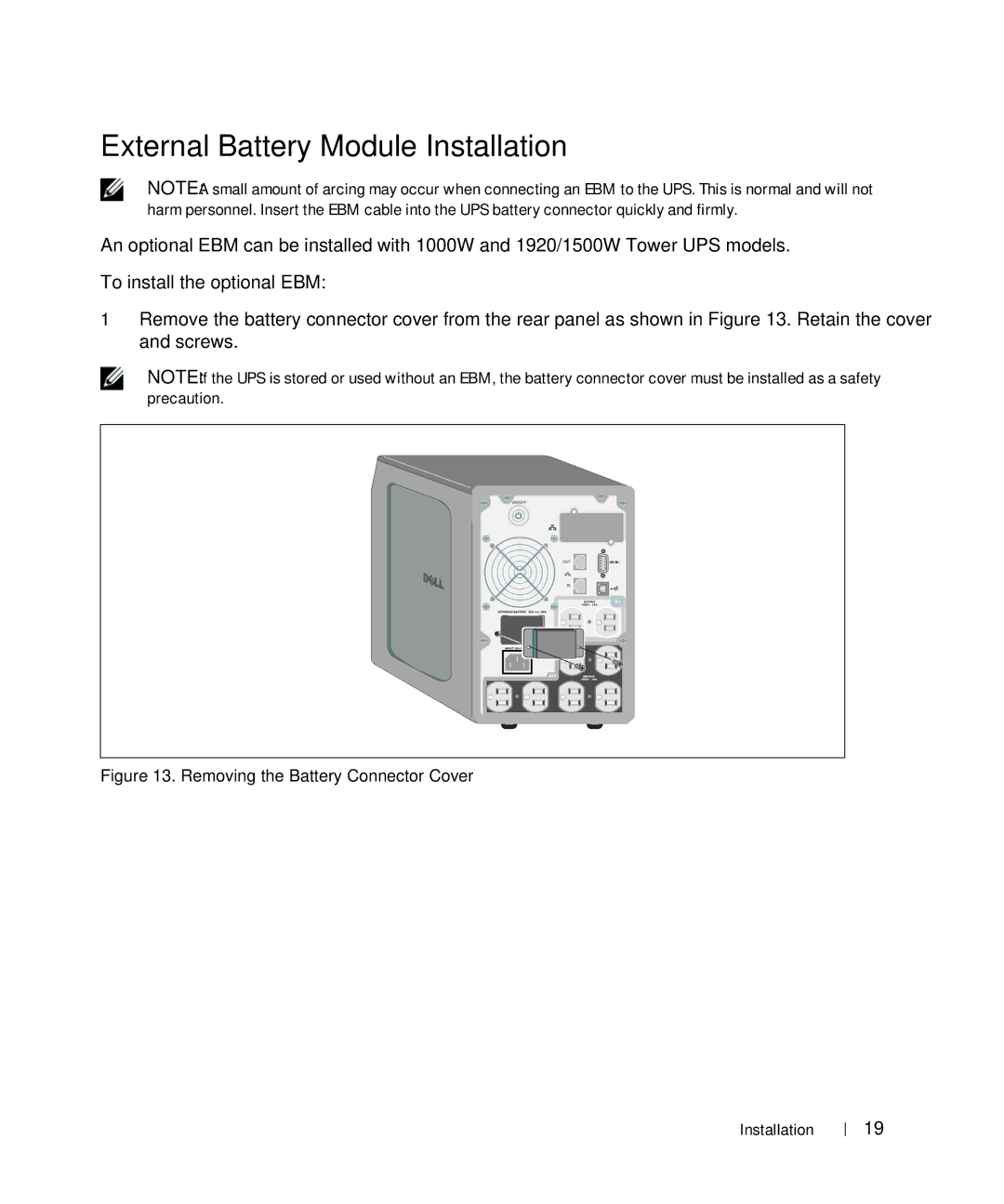 Dell 1000W, 1920W/1500W manual External Battery Module Installation, Removing the Battery Connector Cover 