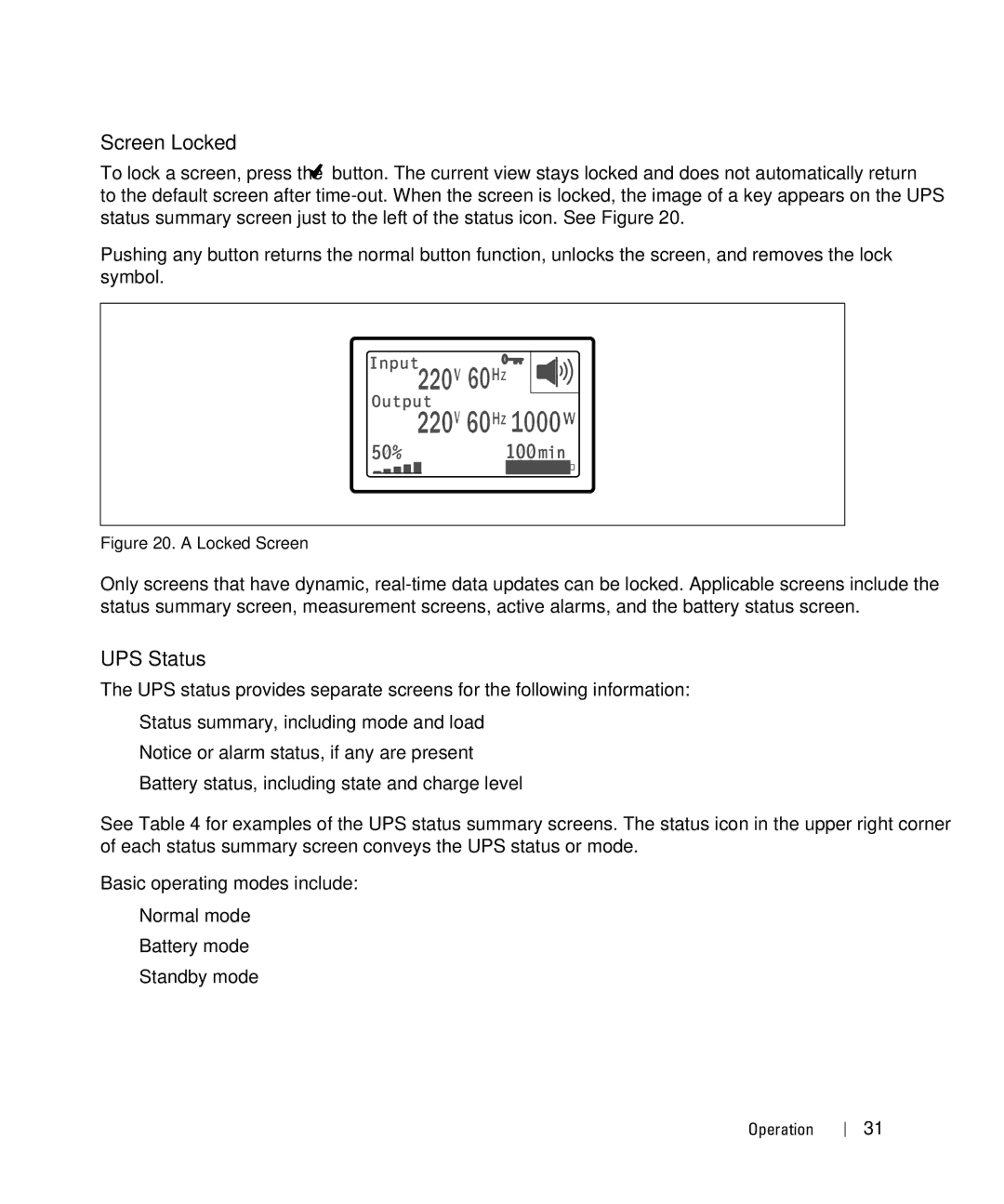 Dell 1000W, 1920W/1500W manual Screen Locked, UPS Status 