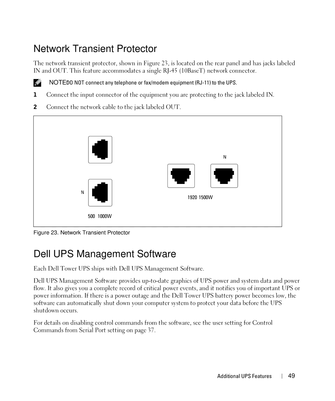 Dell 1000W, 1920W/1500W manual Network Transient Protector, Dell UPS Management Software 