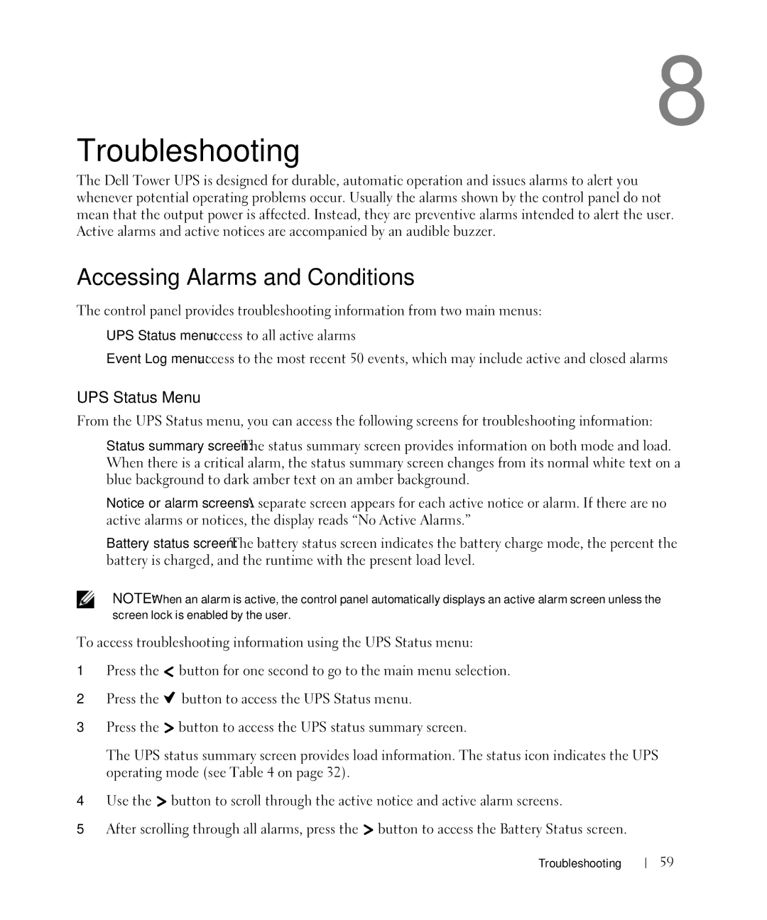 Dell 1920W/1500W, 1000W manual Troubleshooting, Accessing Alarms and Conditions, UPS Status Menu 