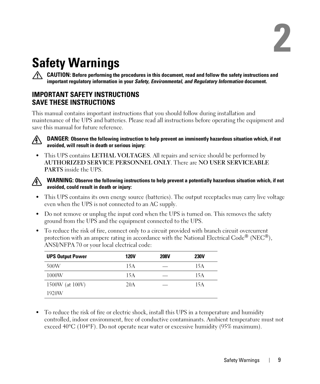 Dell 1000W, 1920W/1500W manual Safety Warnings, UPS Output Power 