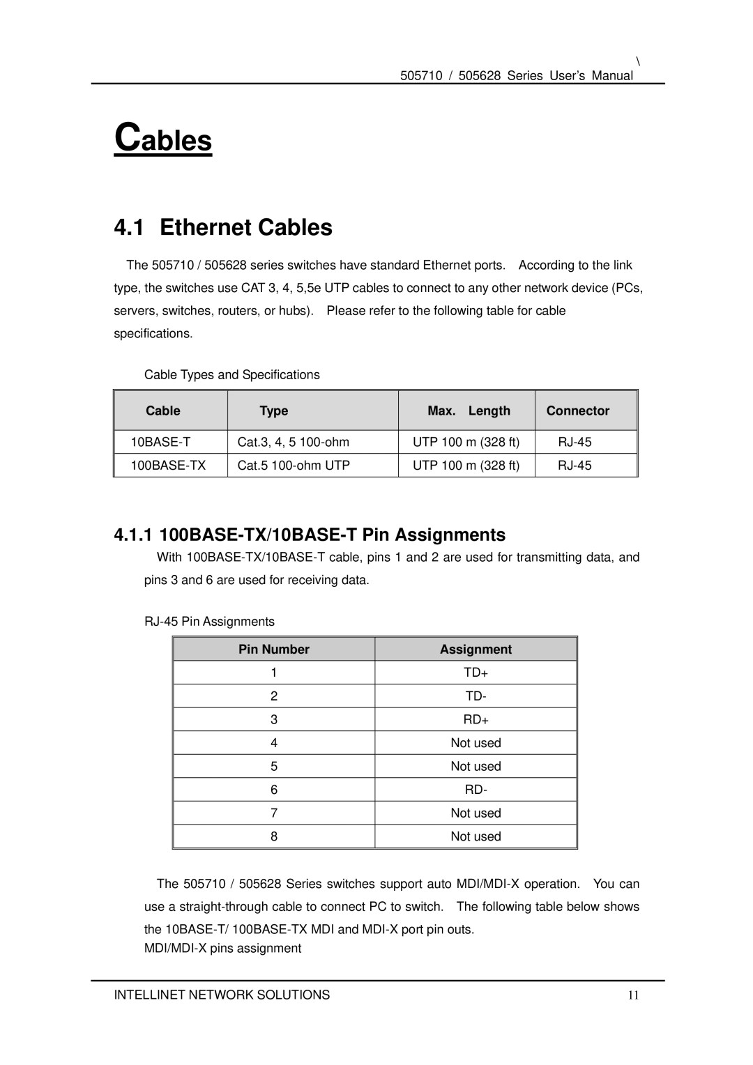 Dell 505710 user manual Ethernet Cables, 1 100BASE-TX/10BASE-T Pin Assignments 