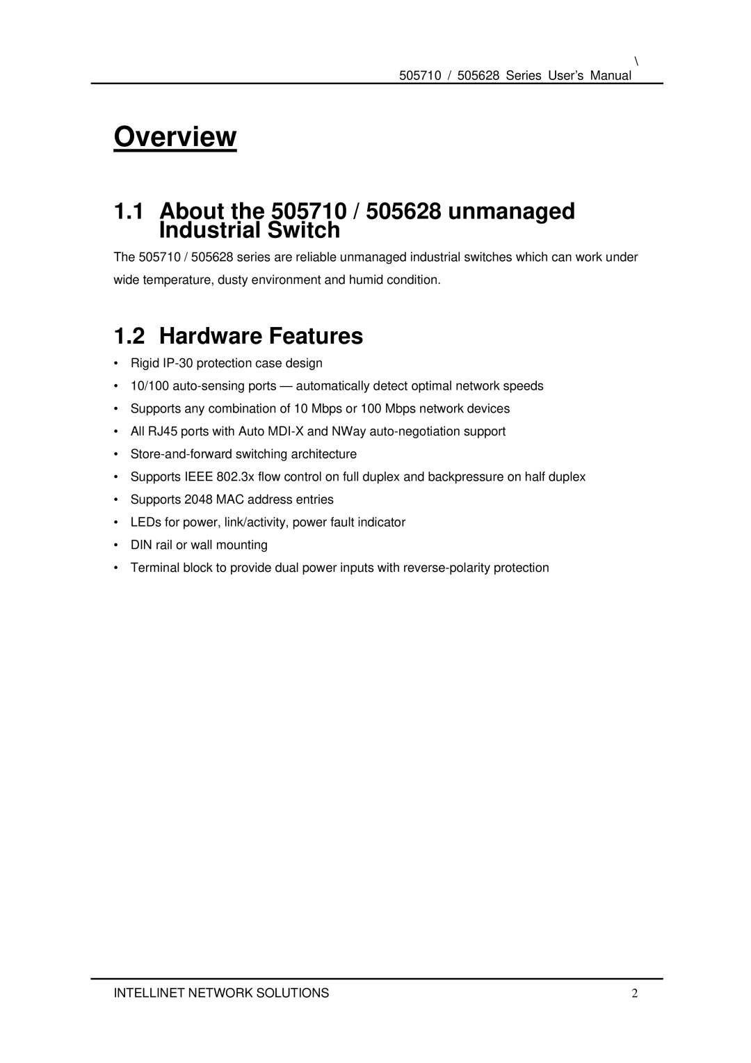 Dell user manual Overview, About the 505710 / 505628 unmanaged Industrial Switch, Hardware Features 