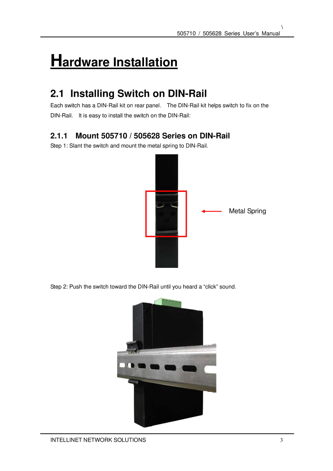 Dell Hardware Installation, Installing Switch on DIN-Rail, Mount 505710 / 505628 Series on DIN-Rail, Metal Spring 