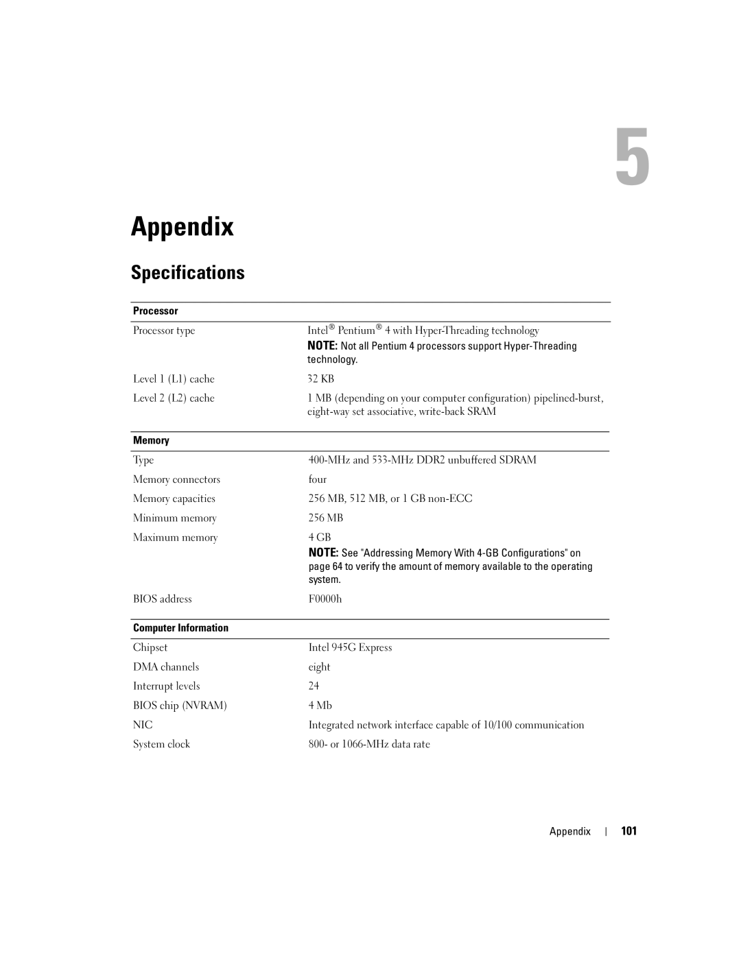 Dell 5100 manual Specifications, 101 