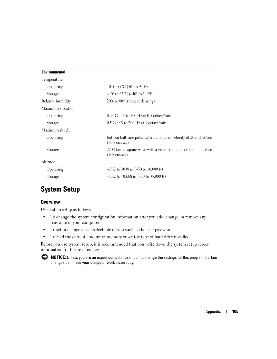 Dell 5100 manual System Setup, Overview, 105, 50.8 cm/sec, 508 cm/sec 