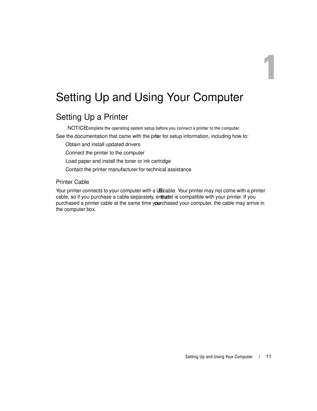 Dell 5100 manual Setting Up a Printer, Printer Cable, Setting Up and Using Your Computer 