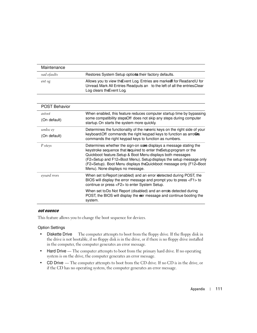 Dell 5100 manual Boot Sequence, Option Settings, 111, Log clears the Event Log 