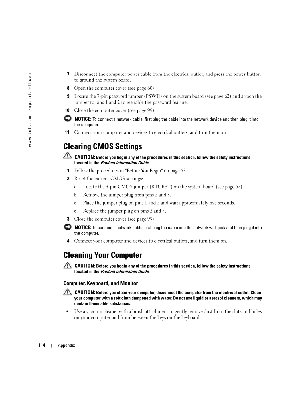 Dell 5100 manual Clearing Cmos Settings, Cleaning Your Computer, Computer, Keyboard, and Monitor, 114 