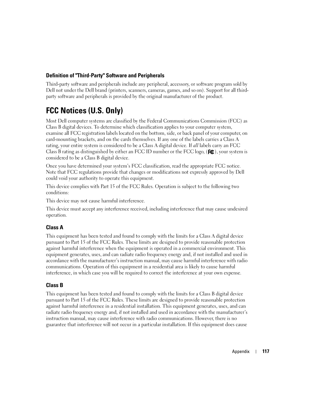 Dell 5100 manual FCC Notices U.S. Only, Definition of Third-Party Software and Peripherals, Class a Class B, 117 