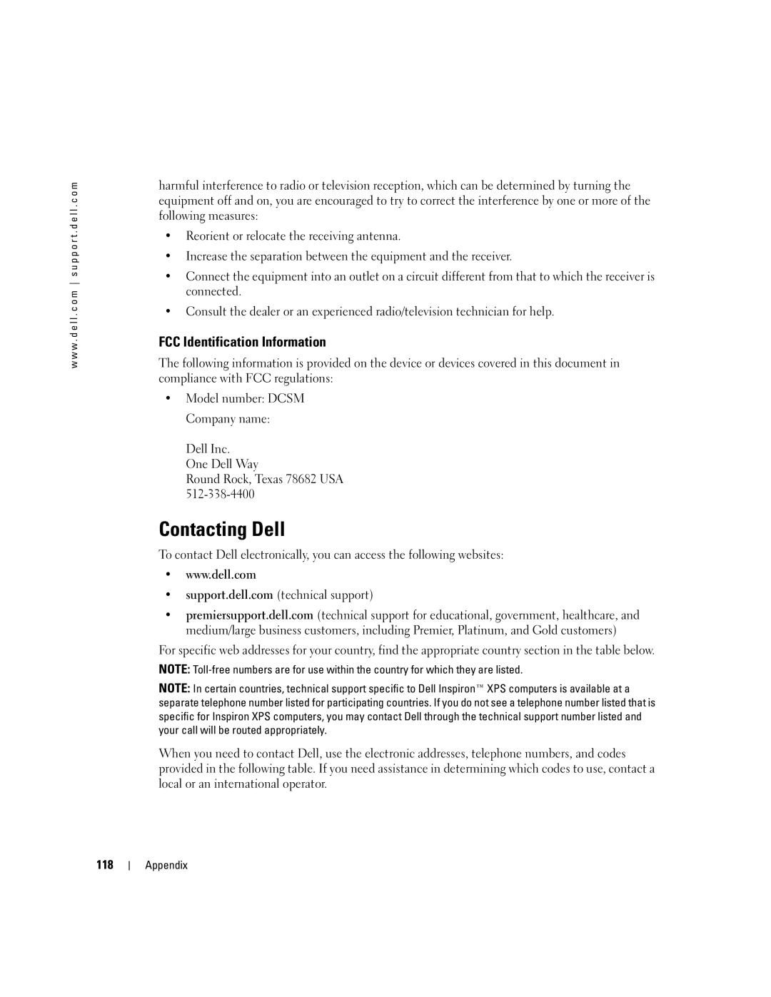 Dell 5100 manual Contacting Dell, FCC Identification Information, 118 