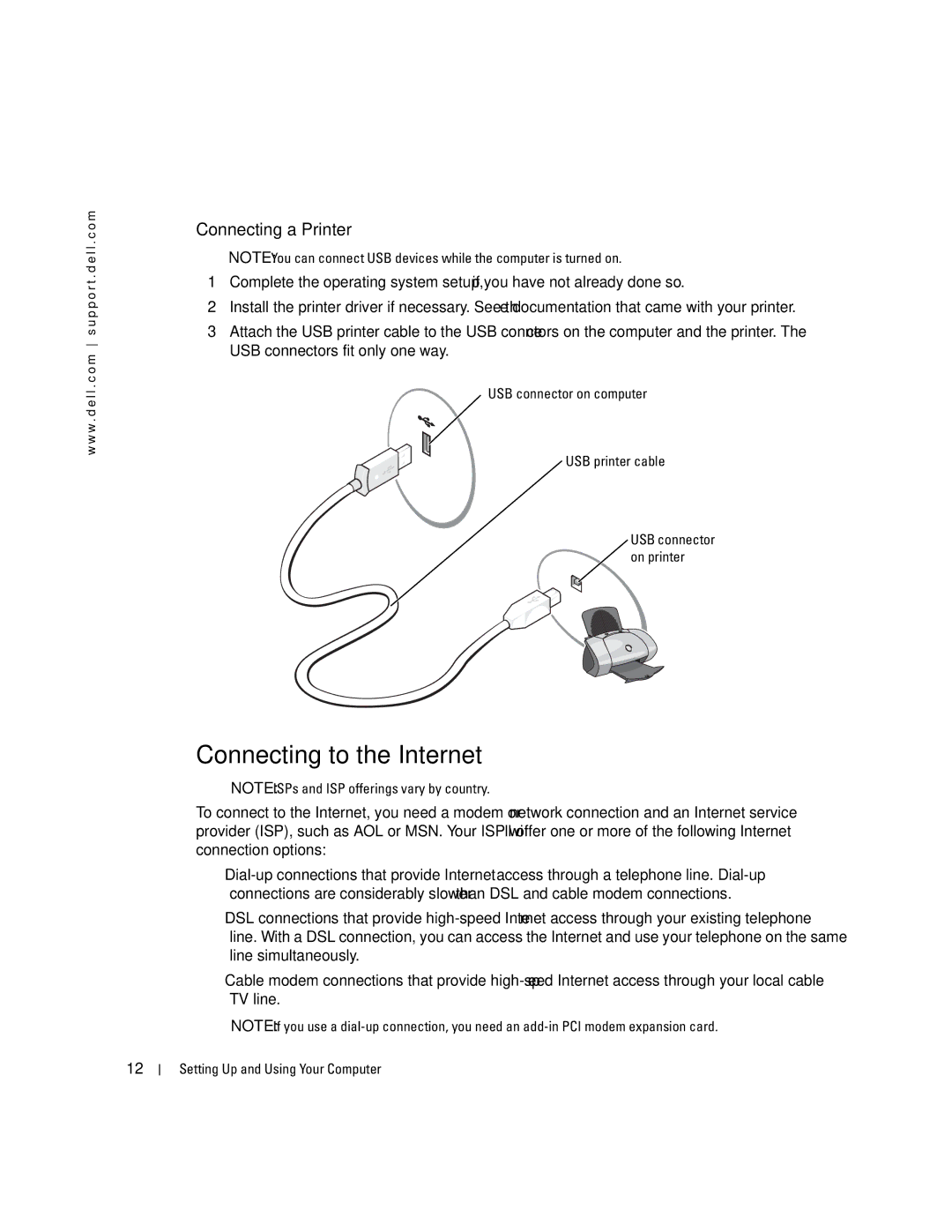 Dell 5100 manual Connecting to the Internet, Connecting a Printer, USB connector on computer USB printer cable 