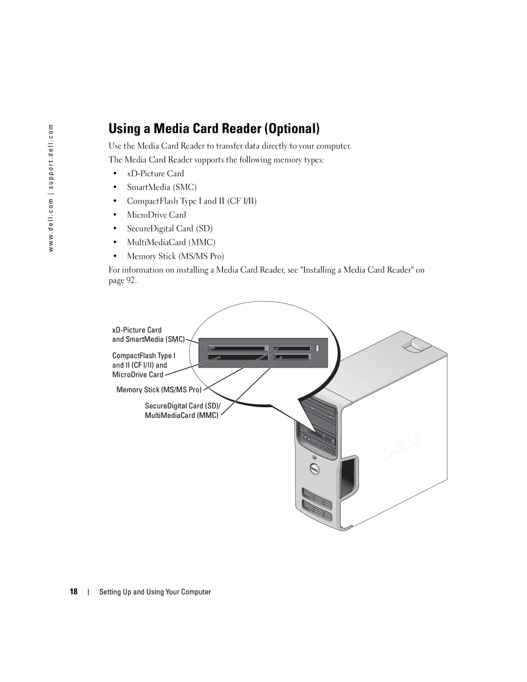 Dell 5100 manual Using a Media Card Reader Optional, XD-Picture Card, Ii Cf I/Ii, MicroDrive Card 