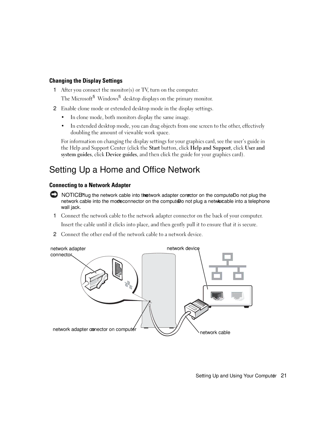 Dell 5100 manual Setting Up a Home and Office Network, Changing the Display Settings, Connecting to a Network Adapter 