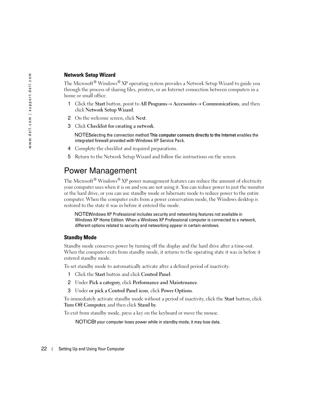 Dell 5100 manual Power Management, Network Setup Wizard, Standby Mode 