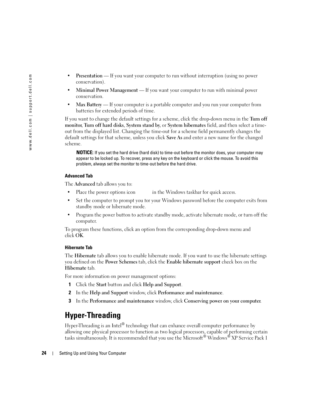 Dell 5100 manual Hyper-Threading, Advanced Tab, Hibernate Tab 