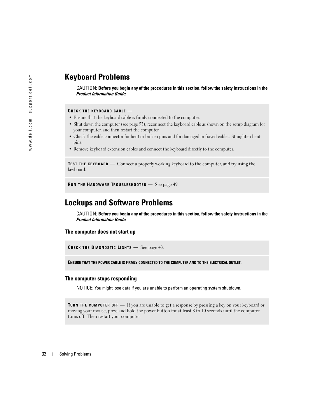 Dell 5100 manual Keyboard Problems, Lockups and Software Problems, Computer does not start up, Computer stops responding 